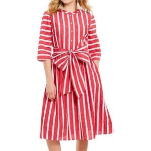 Red & White Stripe Belted Bow Shirt Dress